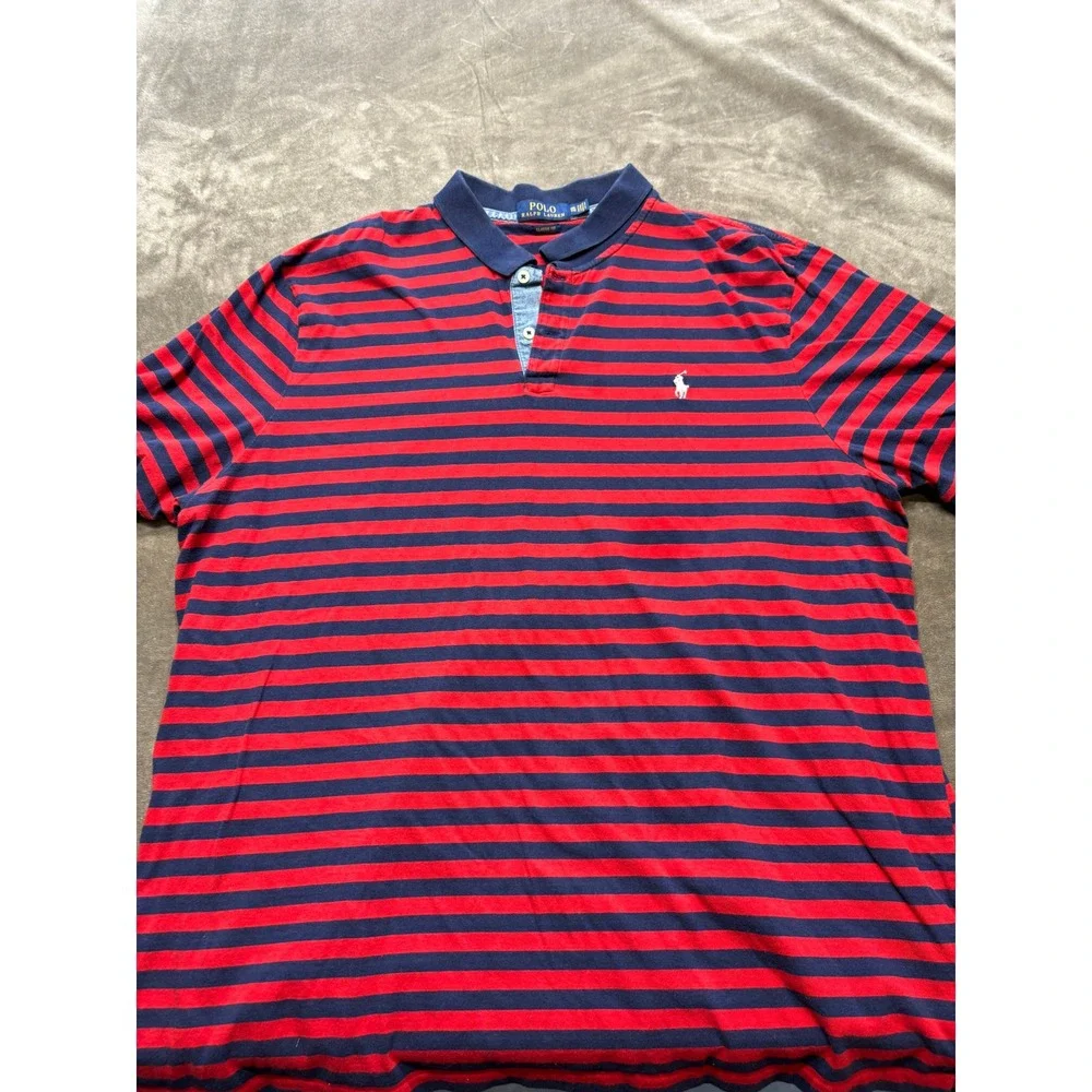 Polo Ralph Lauren Men's Classic Fit Red Navy Stripe Short Sleeve ‎ Shirt Size TT